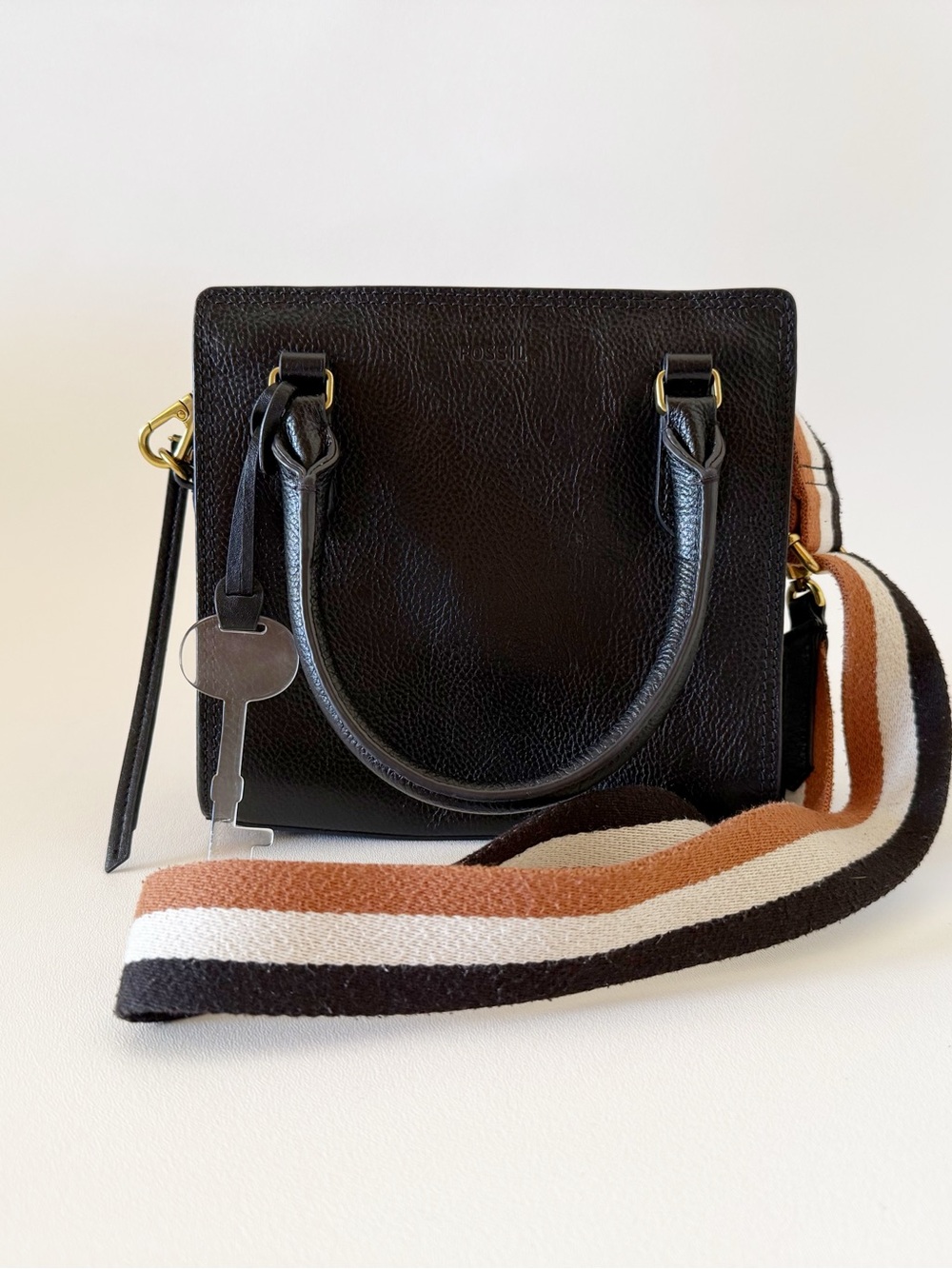 Fossil Hope Bag Leather Top-Handle Crossbody with Striped Strap Black Small - Picture 2 of 15